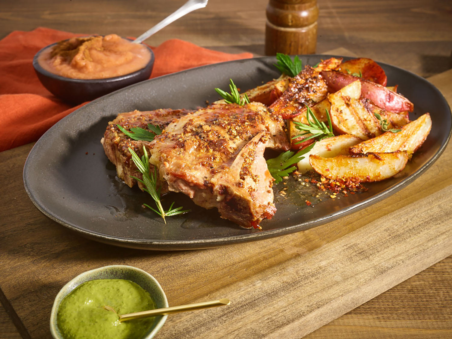 Pork chops with mustard, potatoes, apple sauce, and pesto – Pomponio Ranch Meat